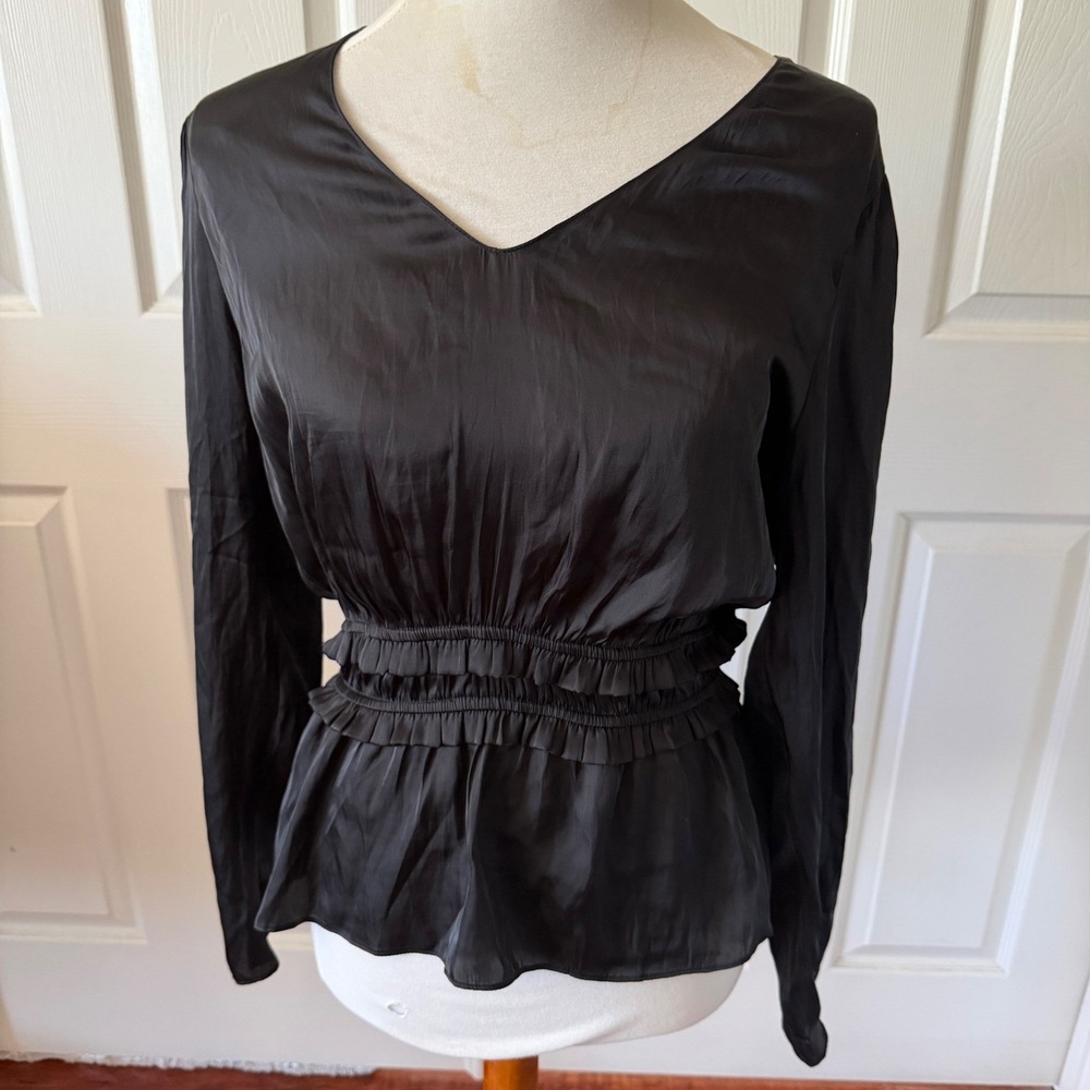 LUSH Black Silky Peplum Blouse Sz Large Shirred Waist Ruffle Long Sleeve Witchy